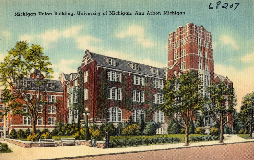 Vintage postcard of the Michigan Union Building, University of Michigan, Ann Arbor
