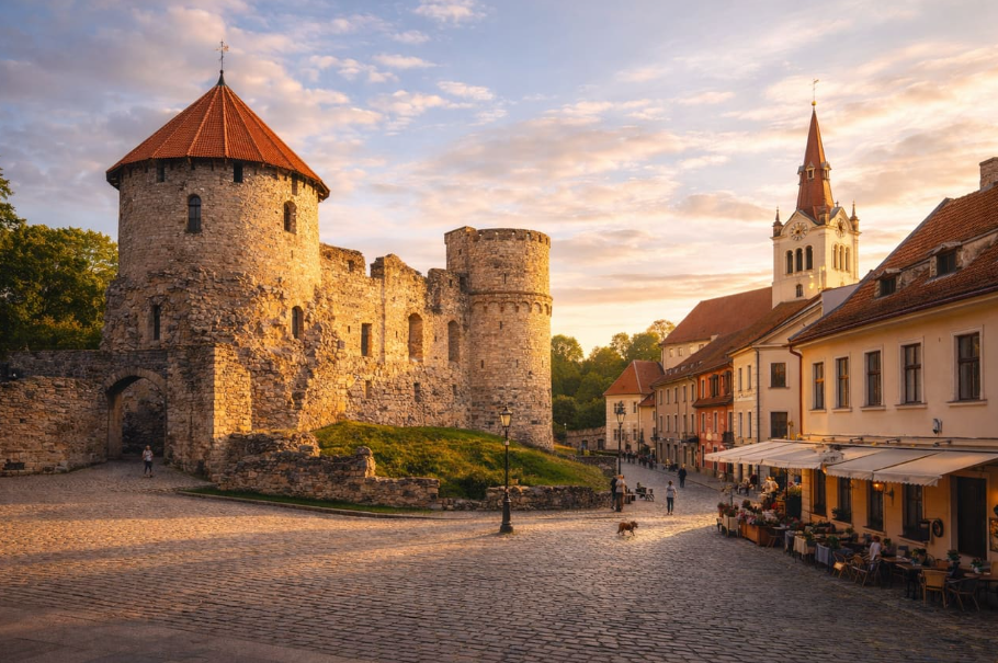 The castle ruins and cobbled square of Cēsis at sunset