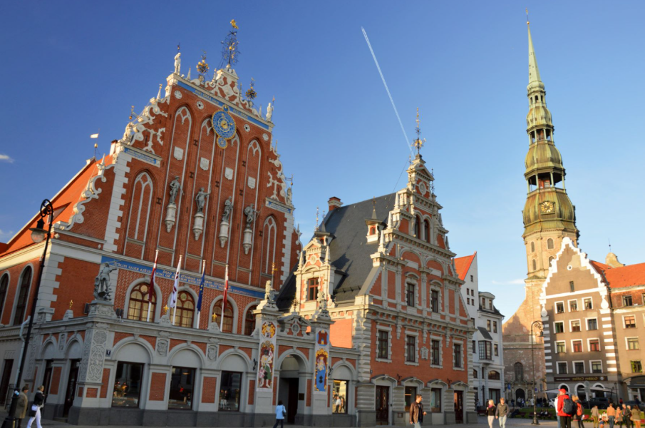 The House of the Blackheads and St. Peter's spire in Riga's Old Town